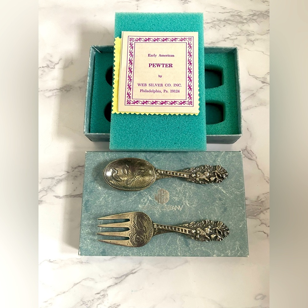 Web Silver Co Pewter Baby Spoon and Fork, Bear cubs and ducklings